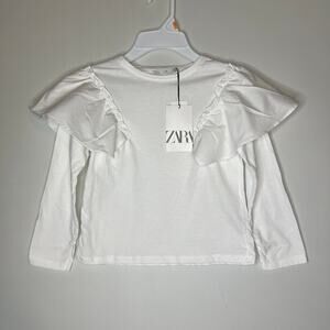 Zara Girls Size 8 Shirt Long Sleeve Ruffles White Blouse Cotton Top Round Neck